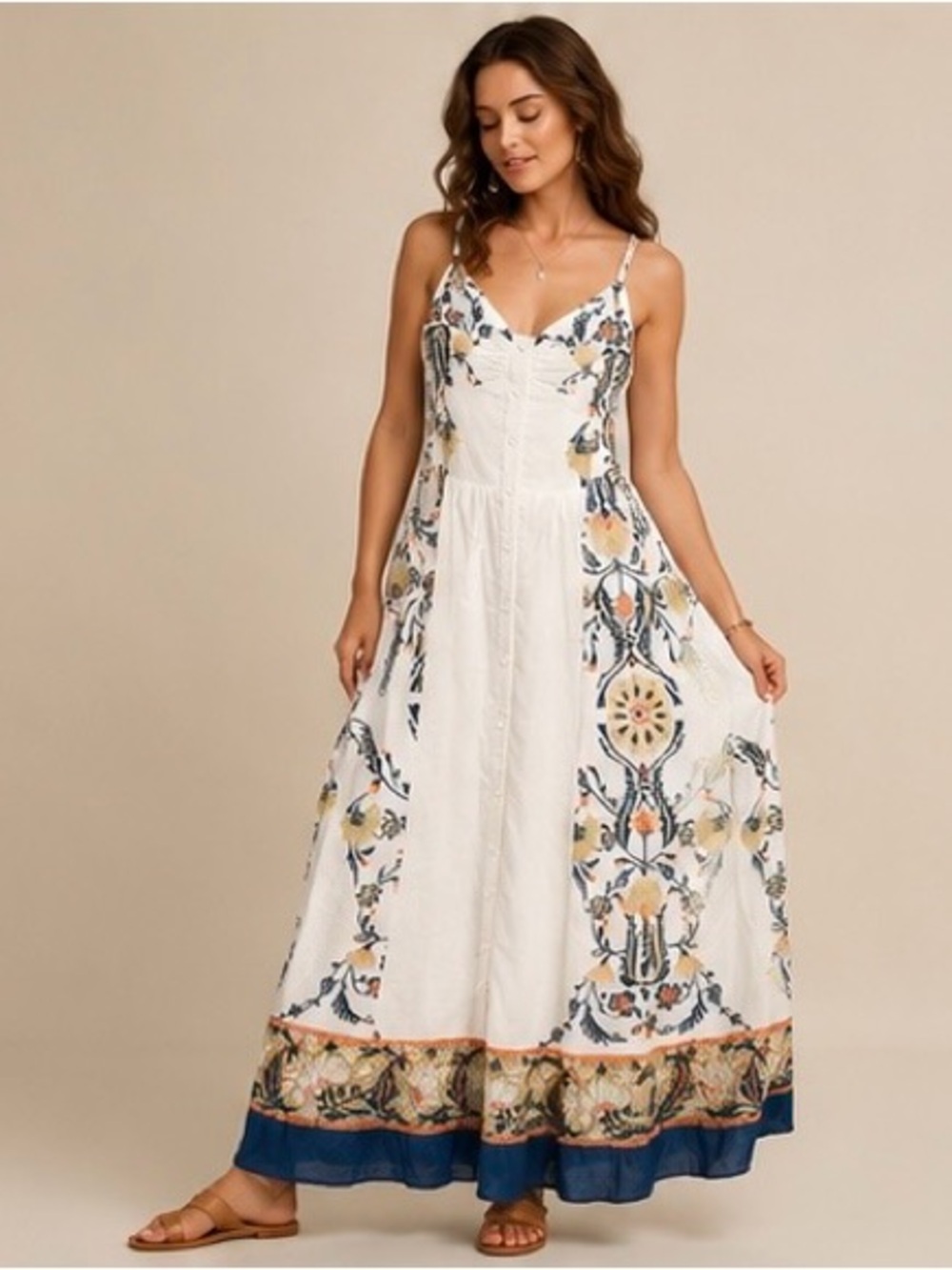 Cleobella Tamasin Midi Floral Linen Blend Maxi Dress Size S Boho Button Front